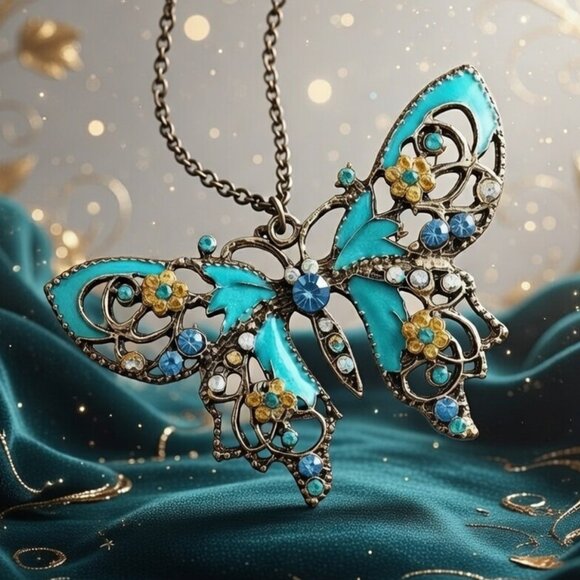 Jewelry - Boho Teal Butterfly Pendant Necklace Art Nouveau Enamel Rhinestone Cottagecore